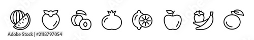 Fruit and berry related vector linear icons set. Isolated icon collection such as apple, watermelon, banana, lemon, persimmon, strawberry and more.
