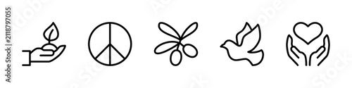 World peace vector linear icons set. Isolated icon collection such as world, peace, global, dove, love, olive branch and more. Isolated icon collection of world peace related.