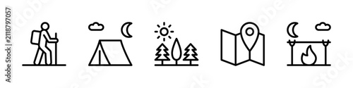 Backpacking related vector linear icons set. Isolated icon collection such as sun, forest, clouds, campfire, tent, backpack, trees, moon and more.