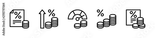 Loan Interest rate services vector linear icons set. Isolated icon collection such as credit, mortgage, coins, interest rate, rating, yield and more.