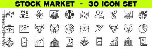 Stock Market Line Icon Set – Editable Stroke Vector Illustration of Trading, Investment and Financial Growth Icons