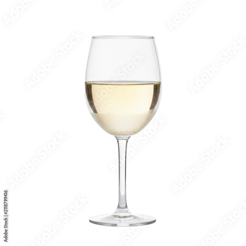 an elegant double-walled borosilicate wine glass with pale golden white wine, showing condensation and frost, against transparent studio background with copy space. Concept of chilled beverage
