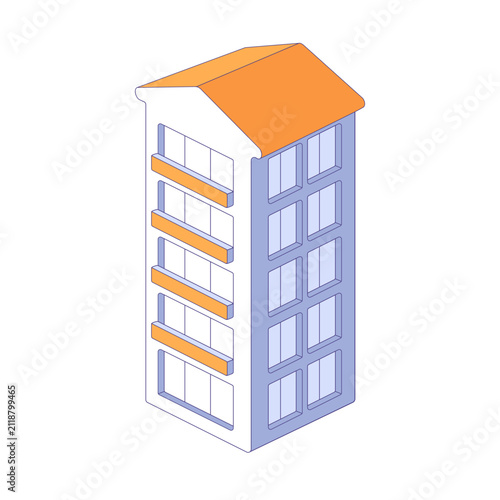 Five story isometric building with balconies. Flat vector illustration for urban housing, apartment complexes, building portfolios