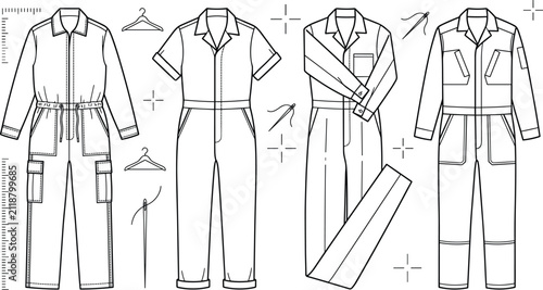 Fotografie Mens Jumpsuit and Coverall Sewing Pattern Vector Icon Set with Traditional Workw