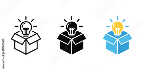 Box idea icon with light bulb out of box symbols for creative thinking, innovation, problem solving, and business inspiration
