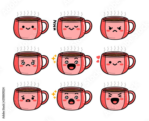 Cute coffee mugs with expressive faces. Each mug shows different emotions. Steam rises from each warm cup. Mugs have simple, cartoonish designs. Ideal for social media or digital content