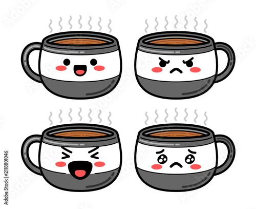Steam rises from four cartoon coffee mugs. Each mug has unique facial expressions. One smiles cheerfully, another frowns angrily. Third yells wildly, the fourth looks sad