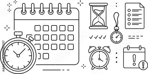 Time management productivity schedule line art icon set with calendar stopwatch hourglass pocket watch alarm clock and checklist