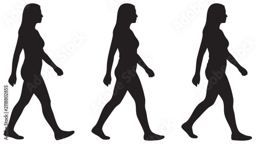 Obraz na płótnie Walking woman silhouettes against a white background three stages of a stride