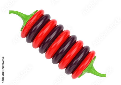 Creative stacked chili pepper shape, alternating red and dark purple segments, unusual vegetable design, food art, isolated.