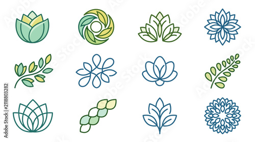Minimalist Collection of Pastel and Monochrome Botanical Line Art Icons Featuring Lotus Flowers Leaves and Floral Patterns