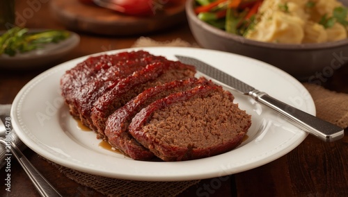 A slice of meatloaf, a cozy homemade dish, showcasing its flavorful texture and topping on a pristine white plate with cutlery, enticing a substantial dinner.