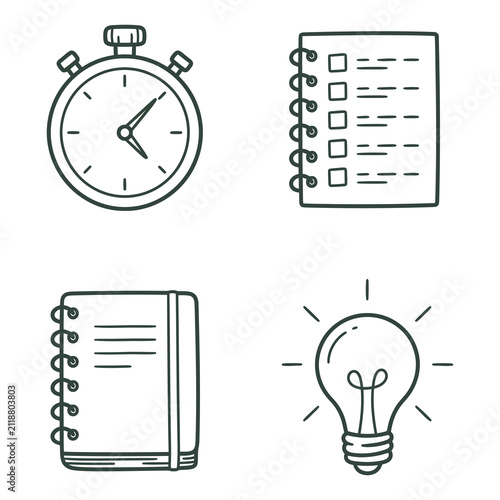 Productivity Brainstorming Line Icons Stopwatch Checklist Notebook Lightbulb