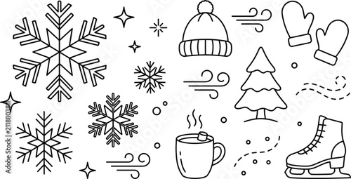 Bild auf Leinwand Winter holiday season weather line art icon set with snowflake beanie hat mitten