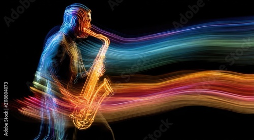 Silhouette of a musician playing saxophone, with light trails representing music's energy