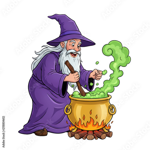 A cheerful aged cartoon wizard with a white beard in a deep purple robe and hat, energetically stirring a bubbling acid-green potion in a golden cauldron on white, concept of successful magic