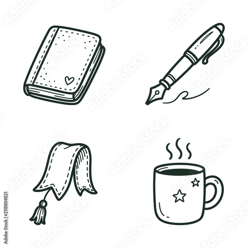 Writing Creative Content Line Icons Notepad Fountain Pen Ribbon Coffee