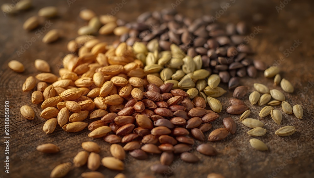 Fototapeta premium Variety of seeds on a wooden surface, overhead view.