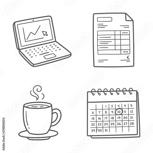 Finance Accounting Line Icons Laptop Invoice Bill Coffee Calendar