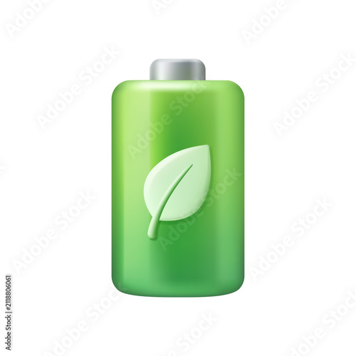 3D green eco battery with leaf symbol representing renewable energy, clean power, and sustainable environment concept vector illustration isolated on white.