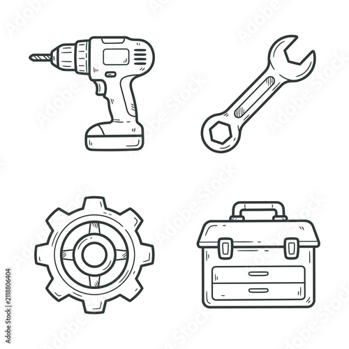 Construction Tools Maintenance Line Icons Drill Wrench Gear Toolbox