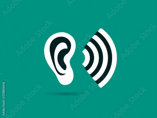 Audiology branding logo template with stylized ear and circular sound signal waves, professional healthcare concept, modern vector illustration, clean simple design style. 