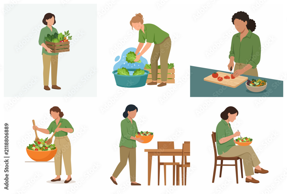 Fototapeta premium Set of vector illustrations of women preparing and eating fresh healthy salad from farm to table