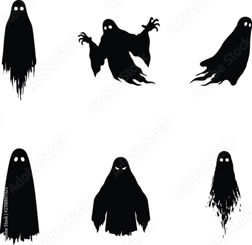 Bild auf Leinwand Spooky Halloween ghost silhouette vector icon set featuring flat black shapes of