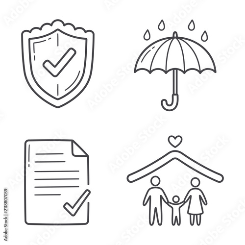 Security Family Protection Line Icons Shield Umbrella Document Family Home