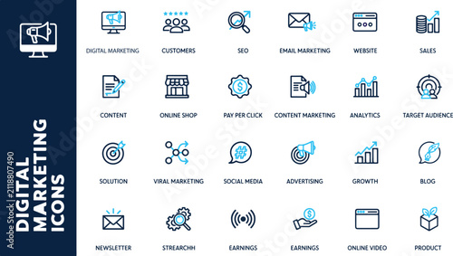 Digital Marketing Line Icons Set SEO Social Media Analytics Business Outline Vector Collection