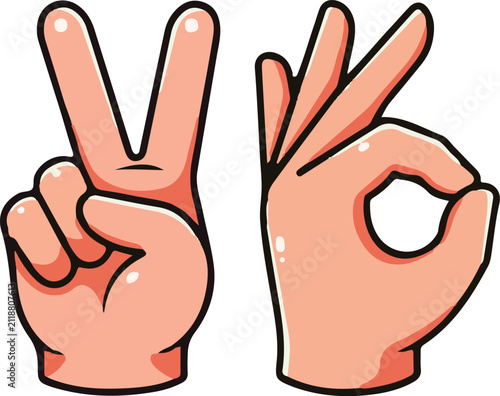 Cute Hand Gesture Set with Peace Sign OK Sign and Finger Heart Cartoon Vector Illustration