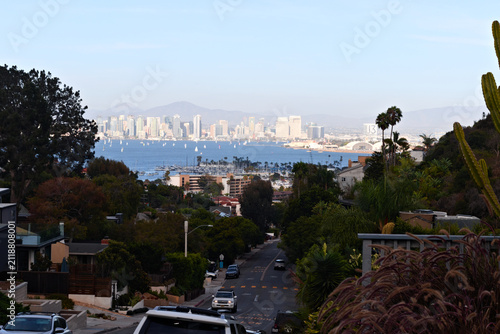 фотографія San Diego oceanfront residential with ocean bay and downtown skyline in the background