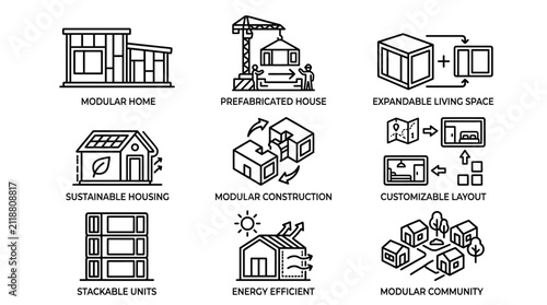 Modular home construction and sustainable housing vector icon collection featuring prefabricated building layout designs