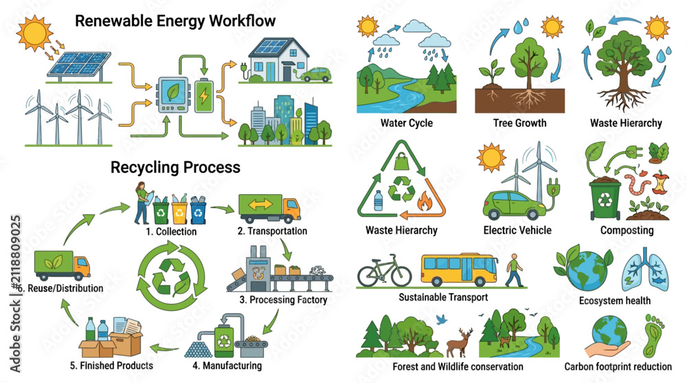 Fototapeta premium Sustainability Infographic Showing Renewable Energy Workflow and Recycling Process for Environmental Conservation Education