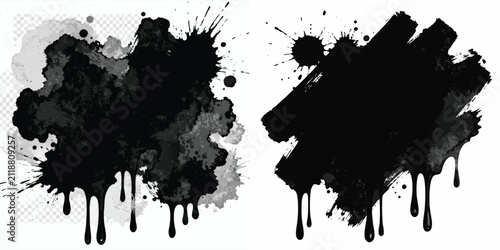 Black ink splatters and watercolor brush strokes with dripping paint vector graphic elements