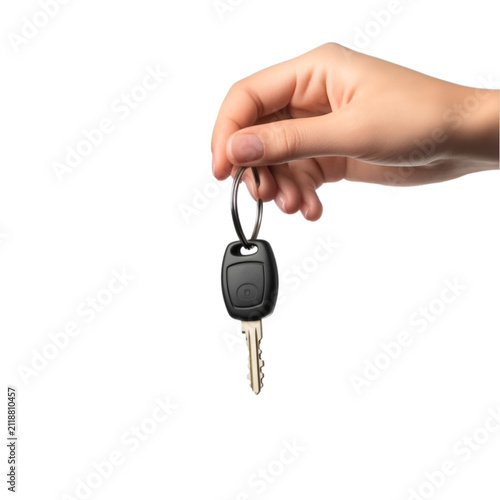 Hand holding car key isolated on transparent background