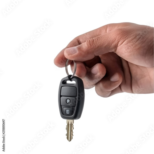 Hand holding a car key fob isolated on transparent background