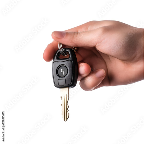 Closeup of a hand holding a car key with a black plastic fob isolated on transparent background