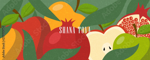 Shana Tova. Rosh Hashanah greeting card, cover, holiday web banner, poster background.  colorful rosh hashana celebration Jewish New Year with apple and pomegranate pattern in trendy modern art style.