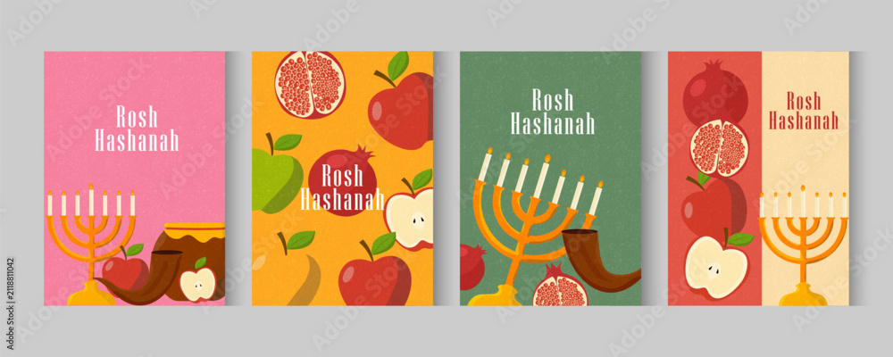 Fototapeta premium Shana Tova. Rosh Hashanah greeting card, cover, holiday web banner, poster background. colorful rosh hashana celebration Jewish New Year with apple and pomegranate pattern in trendy modern art style.