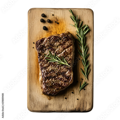 Grilled beef steak on a wooden cutting board with rosemary and peppercorns, isolated on transparent background