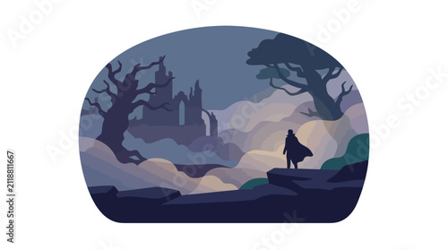 Traveler stands on a cliff overlooking a mysterious dark castle shrouded in thick evening fog.