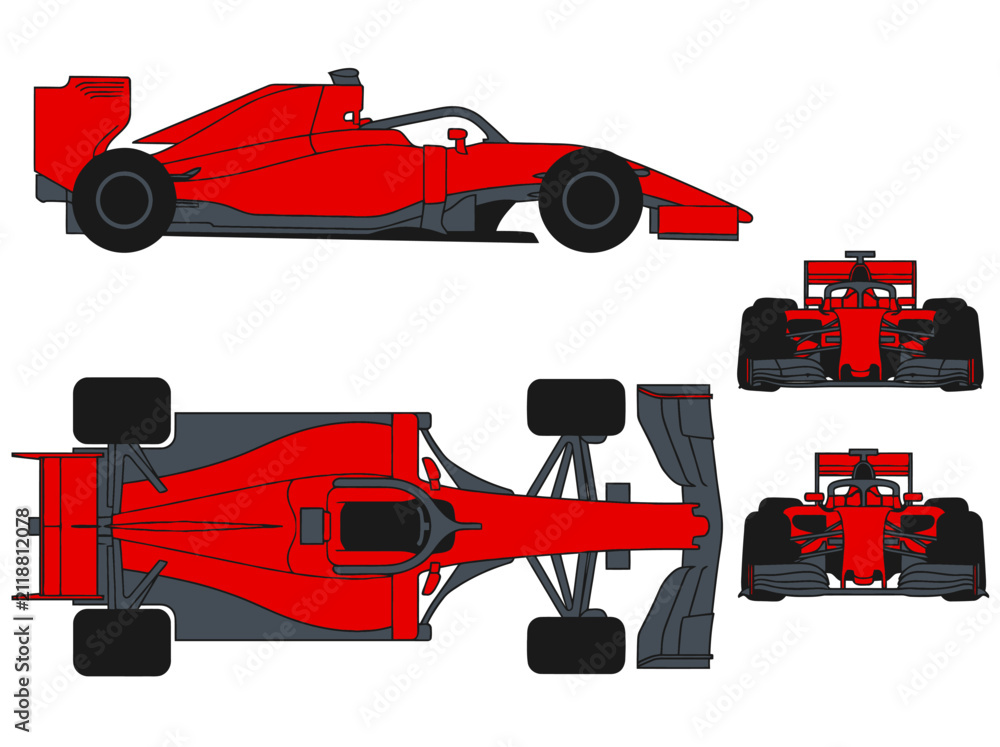 Obraz premium Red Formula Racing Car Vector Illustration - Side, Top, Front, and Rear Views