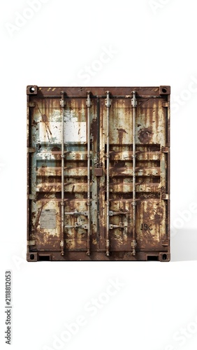Old rusty cargo container doors isolated on a clean white background viewed from the front