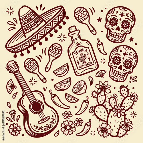 Vintage Mexican culture vector set, hand drawn Cinco de Mayo icons with sugar skulls and tequila, rustic brown line art illustrations for fiesta branding