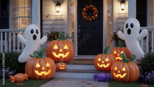 Group halloween decorations front porch house there large pumpkins different sizes shapes each carved face gre