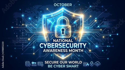 During National Cybersecurity Awareness Month, a luminous lock and shield are displayed against a dark blue backdrop