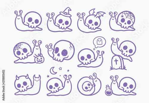 Foto Collection of cute halloween snails with skulls and spooky elements graphic set