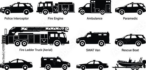 Fotografía Emergency Vehicles Silhouette Vector Collection Set Featuring Police Car, Fire E