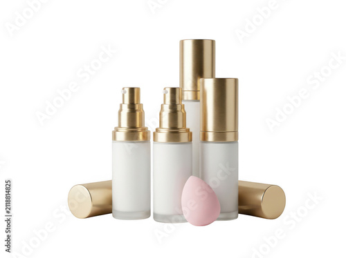 Cosmetic skincare bottles with makeup sponge isolated on transparent background